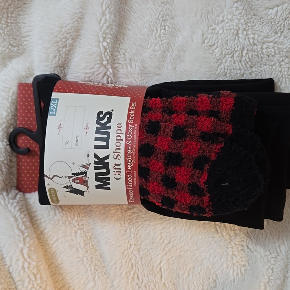 Muk Luks Fleece Lined Black Leggings and Red Buffalo Print Socks